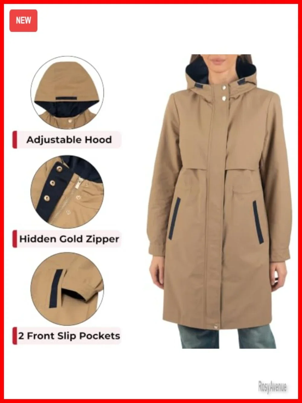 Womens Hooded Rain Jacket Long Trench Coat Windbreaker Water Resistant